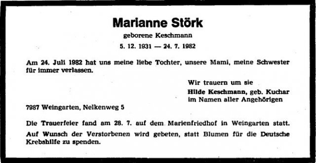Keschmann Marianne 1931-1982 Todesanzeige
